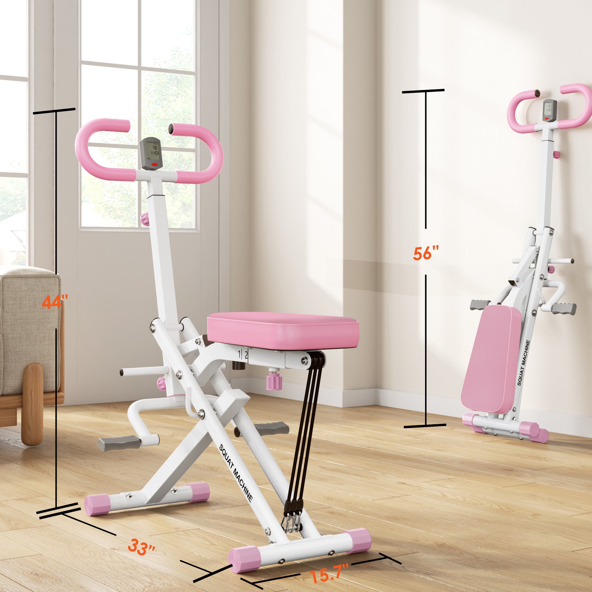 Foldable Squat Rowing Machine dimensions shown for compact home storage and ergonomic workout setup.