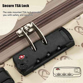 Close-up of a black side-mounted TSA lock attached to a zipper, with text reading &