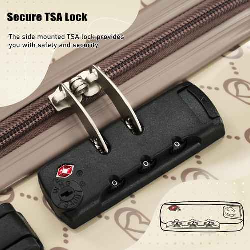 Close-up of a black side-mounted TSA lock attached to a zipper, with text reading &