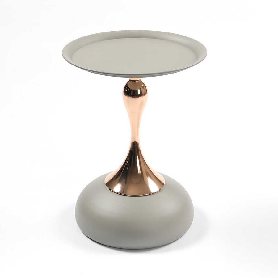 Full view of the Mermaid Tail Coffee Table with modern metal design, featuring a round grey top and gold sculptural base.