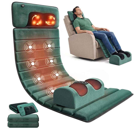Full body massage mat with heat, featuring 10 vibrating motors, in green color, designed for deep tissue relief and relaxation.