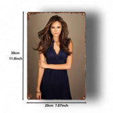A vertical rectangular wall art print or tin sign featuring a portrait of a woman in a dark navy dress against a taupe background, with rust-style distressed corners. Black measurement lines and text indicate dimensions: 30cm / 11.