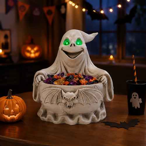 A Halloween-themed ghost candy bowl figurine sitting on a wooden table, filled with colorful candy. The ghost has glowing green eyes and a stitched smile, with a bat detail on the front.