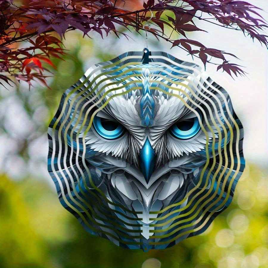 Artistic depiction of an owl with a colorful, abstract design on a natural background.