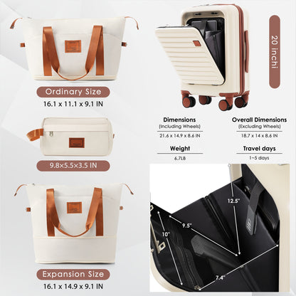 4-Piece Luggage Set with USB Charging Ports - 20in Carry-On (Front-Opening for Laptop) 28in Checked Suitcase with TSA Lock Travel Duffel Bag Wet-Dry Toiletry Bag, ivory and brown