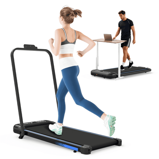 Foldable home treadmill with incline, black running belt, digital display, and handlebar, used for cardio workouts