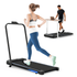 Foldable home treadmill with incline, black running belt, digital display, and handlebar, used for cardio workouts