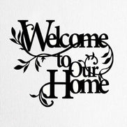Welcome wall art entryway decor with floral design in black iron, featuring 'Welcome to Our Home' text for home and garden visual artwork.