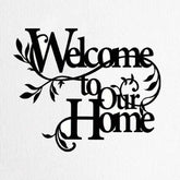 Welcome wall art entryway decor with floral design in black iron, featuring &