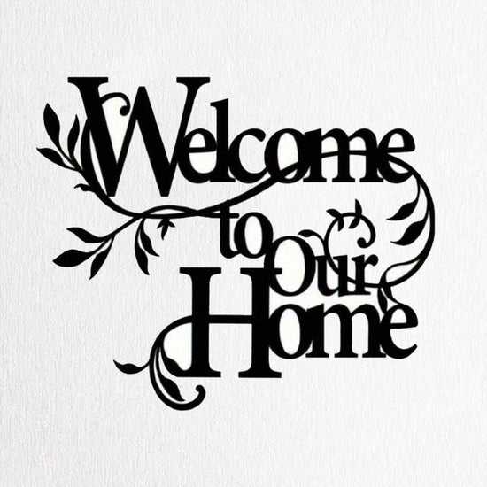 Welcome wall art entryway decor with floral design in black iron, featuring &