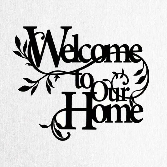 Welcome wall art entryway decor with floral design in black iron, featuring 'Welcome to Our Home' text for home and garden visual artwork.
