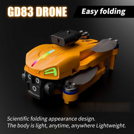 Orange drone with text highlighting 'GD83 Drone' and 'Easy folding' on a dark background.