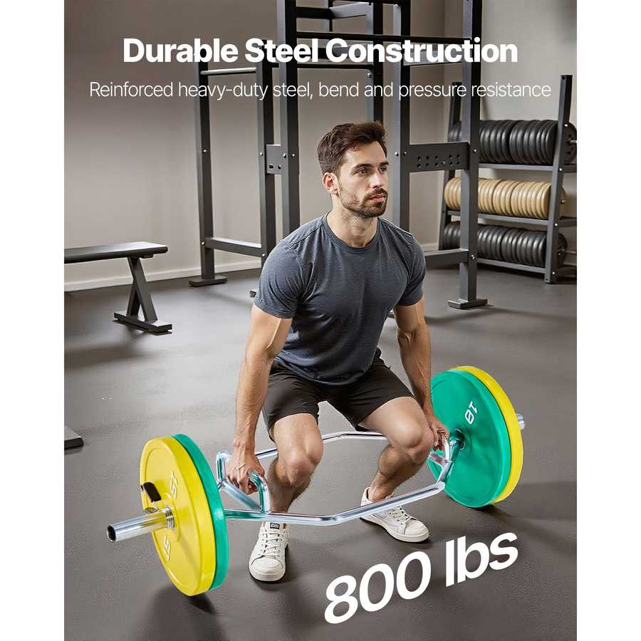 Man lifting a barbell with green and yellow weights in a gym setting, emphasizing durable steel construction.