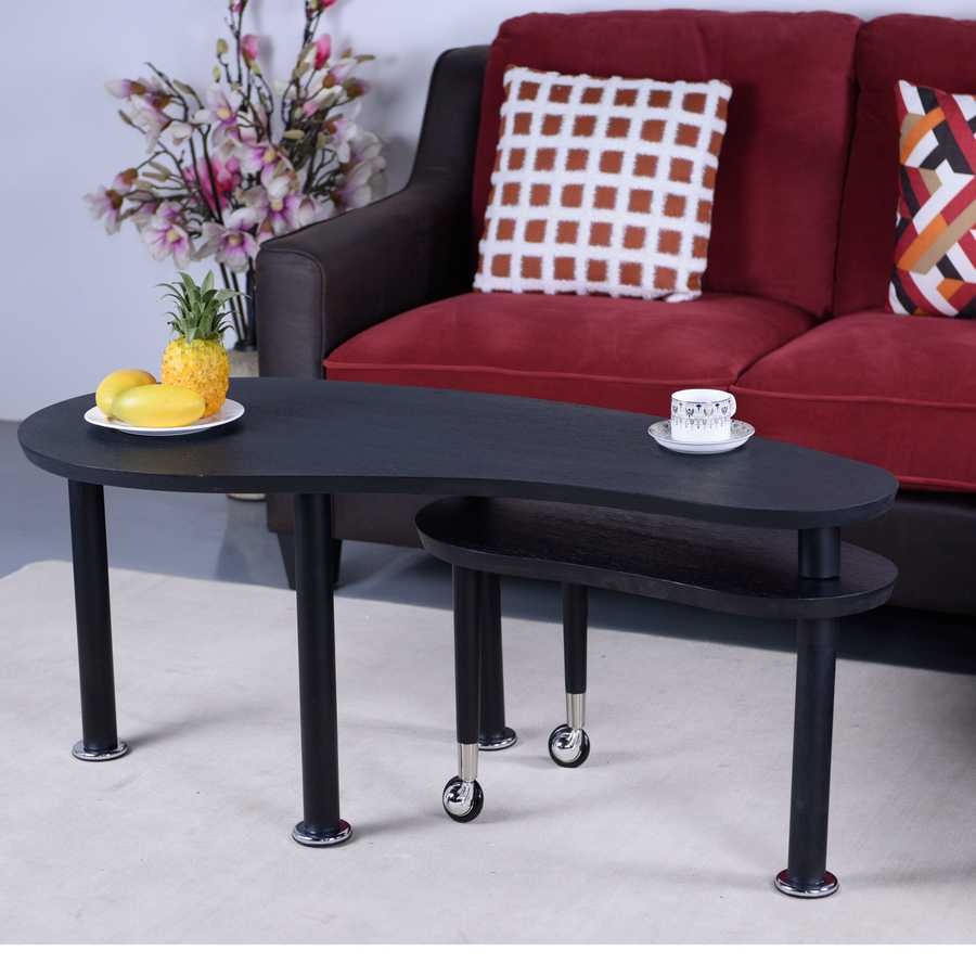 Black 360 Rotatable Coffee Table with mango and pineapple decor, highlighting its dual-level functionality and compact design.