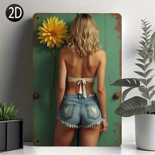 CIFbuy Vintage Aluminum Wall Sign featuring a retro-style design with a woman in denim shorts and a large yellow flower on a green rustic background.