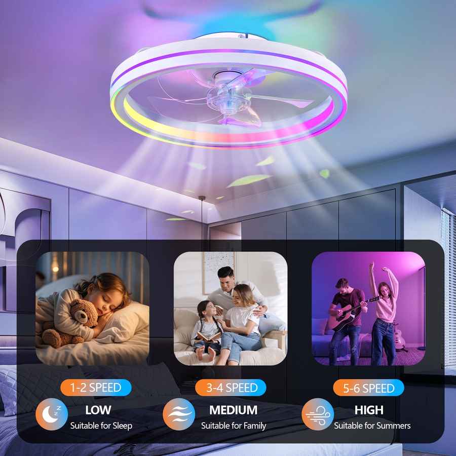Ceiling fan with colorful light effects in a room, showing different speed settings and scenarios.