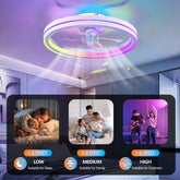 Ceiling fan with colorful light effects in a room, showing different speed settings and scenarios.