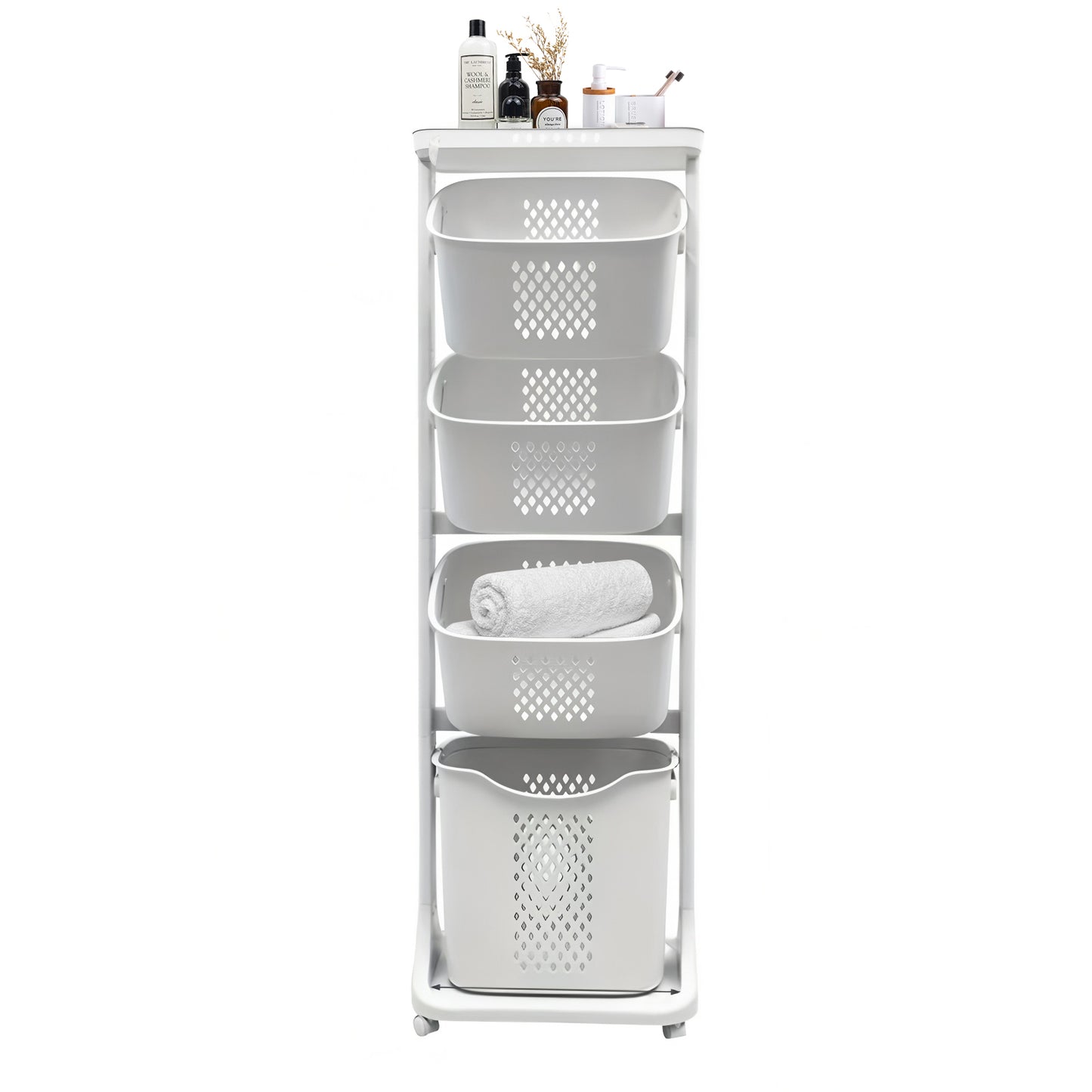 4-Tier Laundry Hamper Sorter, Laundry Storage Organizer with Wheels Removable Rolling Laundry Baskets, Bathroom Cart for Dirty Clothes, White Default