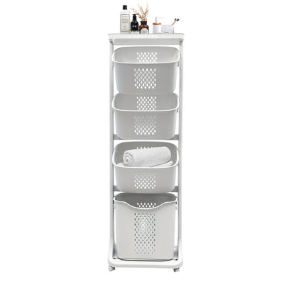 4-Tier Laundry Hamper Sorter, Laundry Storage Organizer with Wheels Removable Rolling Laundry Baskets, Bathroom Cart for Dirty Clothes, White Default