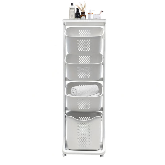 4-Tier Laundry Hamper Sorter, Laundry Storage Organizer with Wheels Removable Rolling Laundry Baskets, Bathroom Cart for Dirty Clothes, White Default