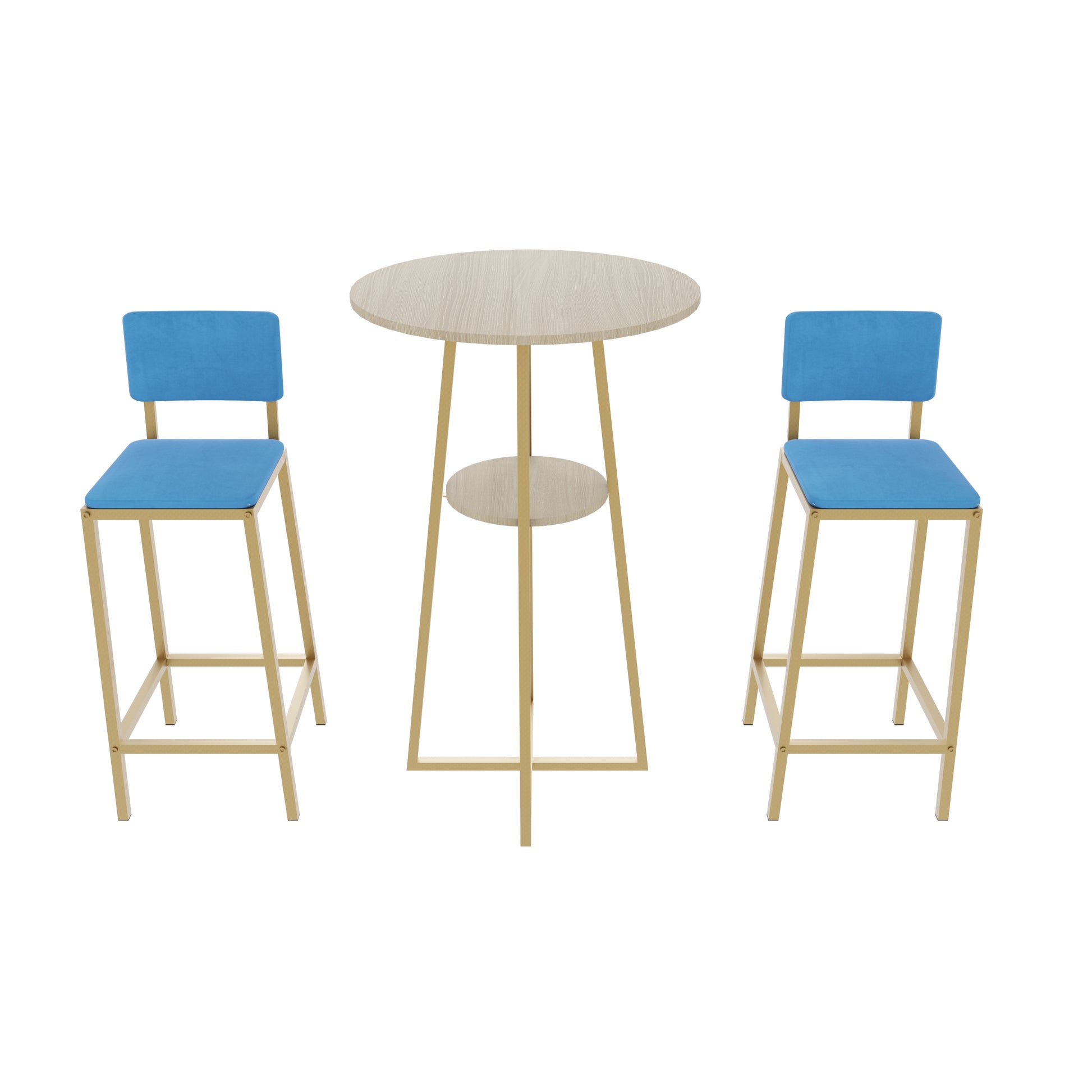 Contemporary Bar Table Set with gold frame and blue cushions, perfect for kitchen nooks or stylish home bars.