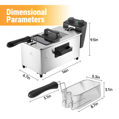 3L Deep Fryer with Basket, 1700W Electric Deep Fryer with Time & Temperature Control for Home Use, Removable Basket, Lid with View Window and Odor Free Filter, Stainless Steel, Dishwasher Safe