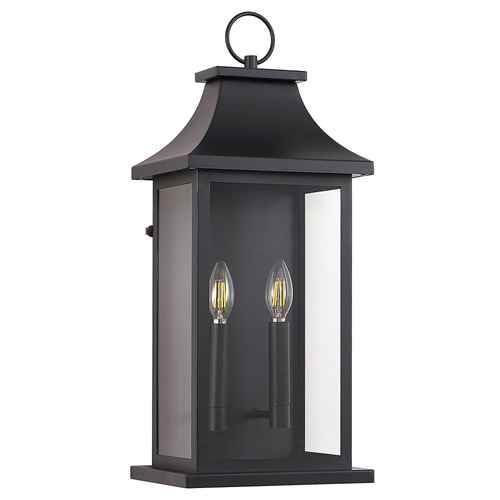 A black outdoor lantern-style wall light fixture with two candle-style bulbs visible inside, shown on a plain white background.