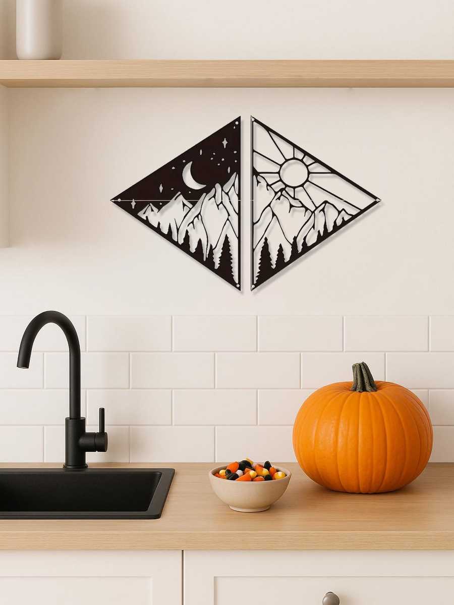 Metal solar system wall art with mountain and celestial design