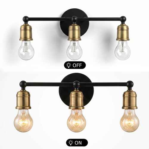 Three-light wall sconce shown in two states: OFF above and ON below. The fixture has a black horizontal bar and circular wall mount with brass-toned sockets and clear bulbs.