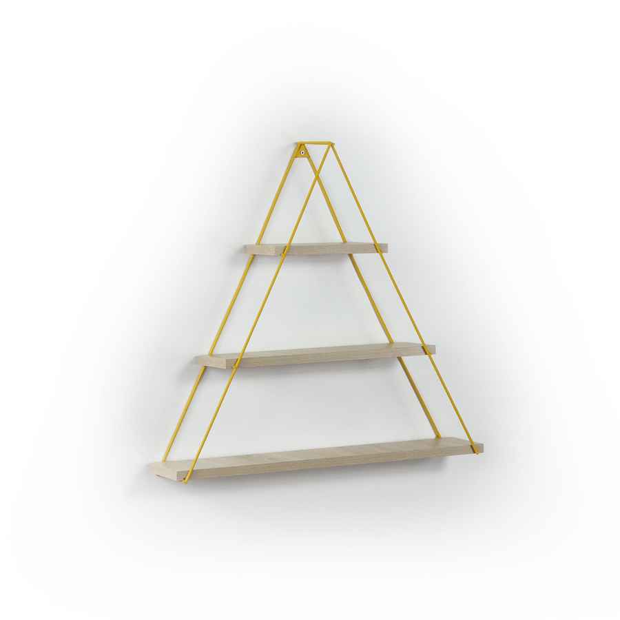 Wall-mounted shelf with three shelves and gold metal brackets on a white background