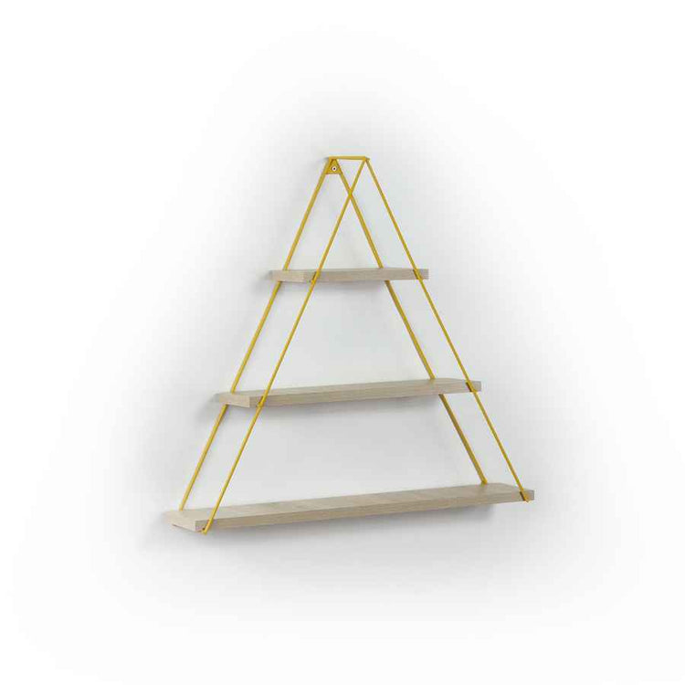 Wall-mounted shelf with three shelves and gold metal brackets on a white background