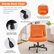 Orange Velvet Office Chair features include caster wheels, adjustable back angle, and seat height for versatile office comfort.