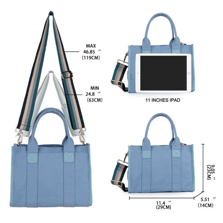 Blue handbag with measurements and an iPad illustration on a white background