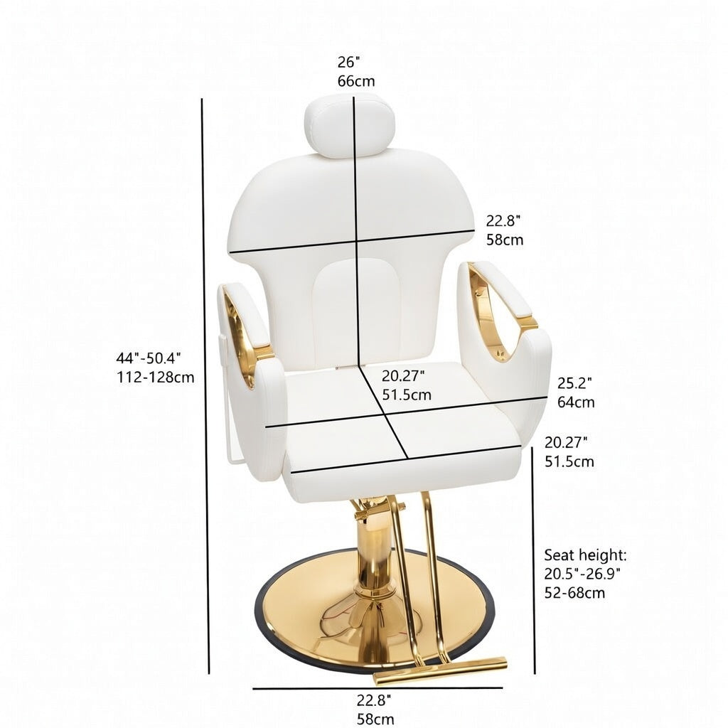 A white and gold salon barber chair with dimension lines and measurements showing height, width, and seat height on a plain white background.
