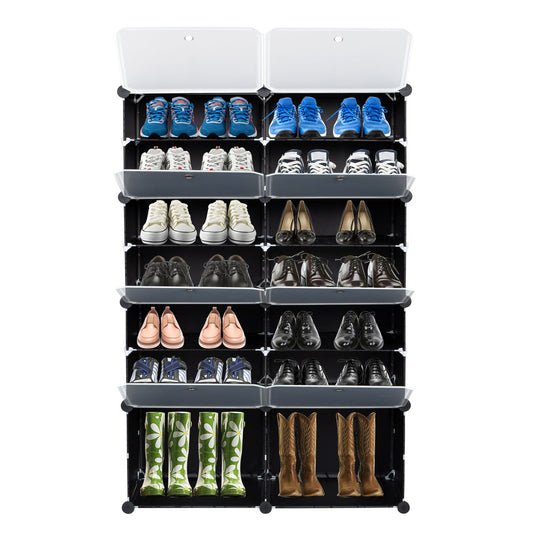 7-Tier Portable 28 Pair Shoe Rack Organizer 14 Grids Tower Shelf Storage Cabinet Stand Expandable for Heels, Boots, Slippers, Black MLNshops]