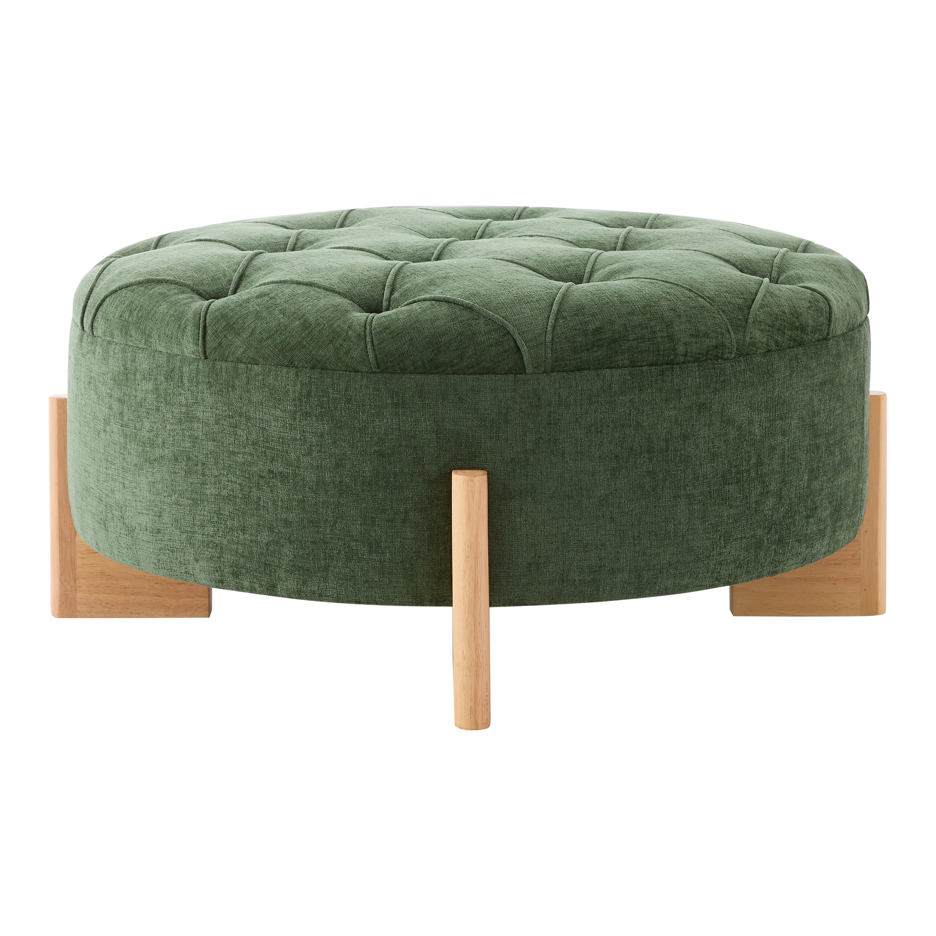 Green ottoman with wooden legs on a white background