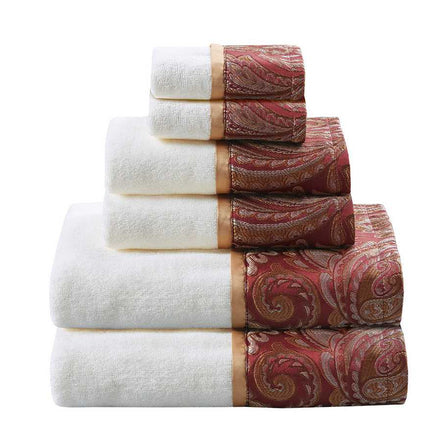Stacked 6 Piece Jacquard Towel Set in burgundy with soft white cotton and ornate paisley trim, ideal for elegant bathroom decor.