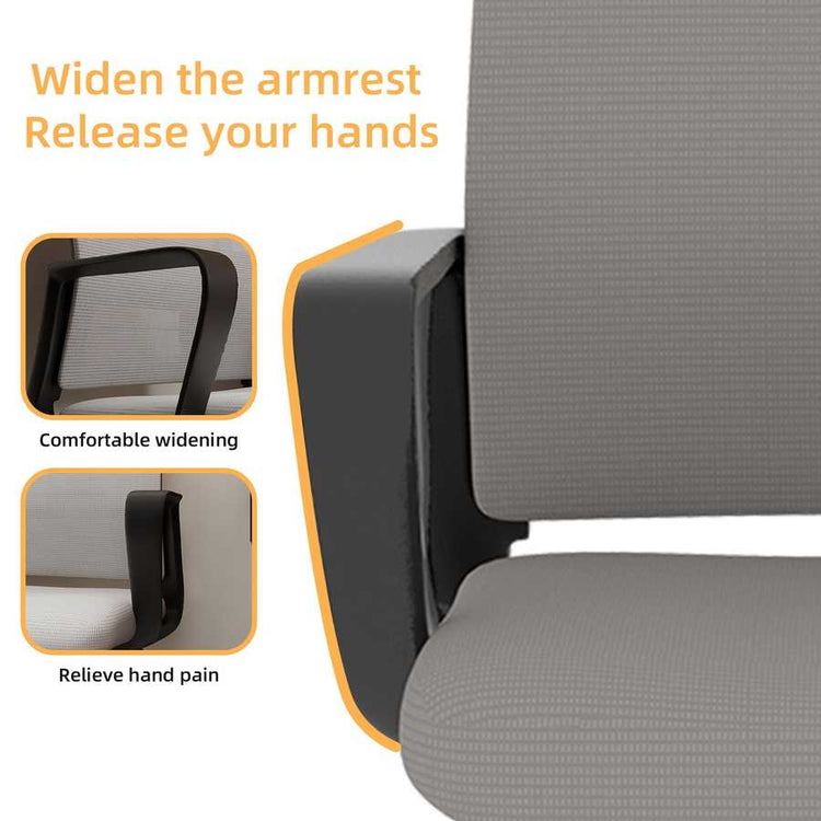 Gray office chair with armrest extension and German text on a white background