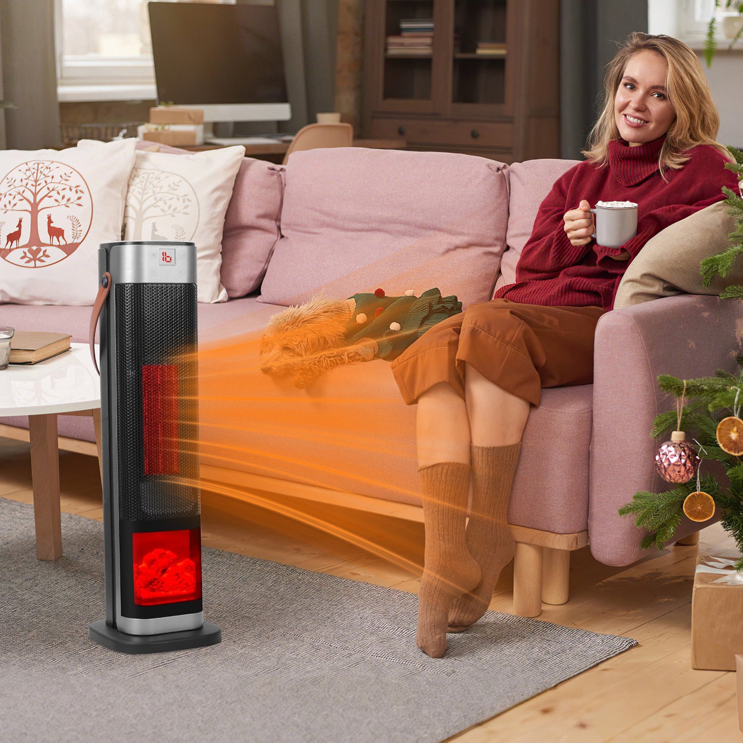 Portable Space Heaters for Indoor Use Large Room, 1500W Oscillating Ceramic Tower Space Heater with 3D Flame Portable Electric Heater with 3 Wind Modes 59-104℉Heating Remote Control 12H Timer Overheat Tip-Over Protection for Bedroom Office
