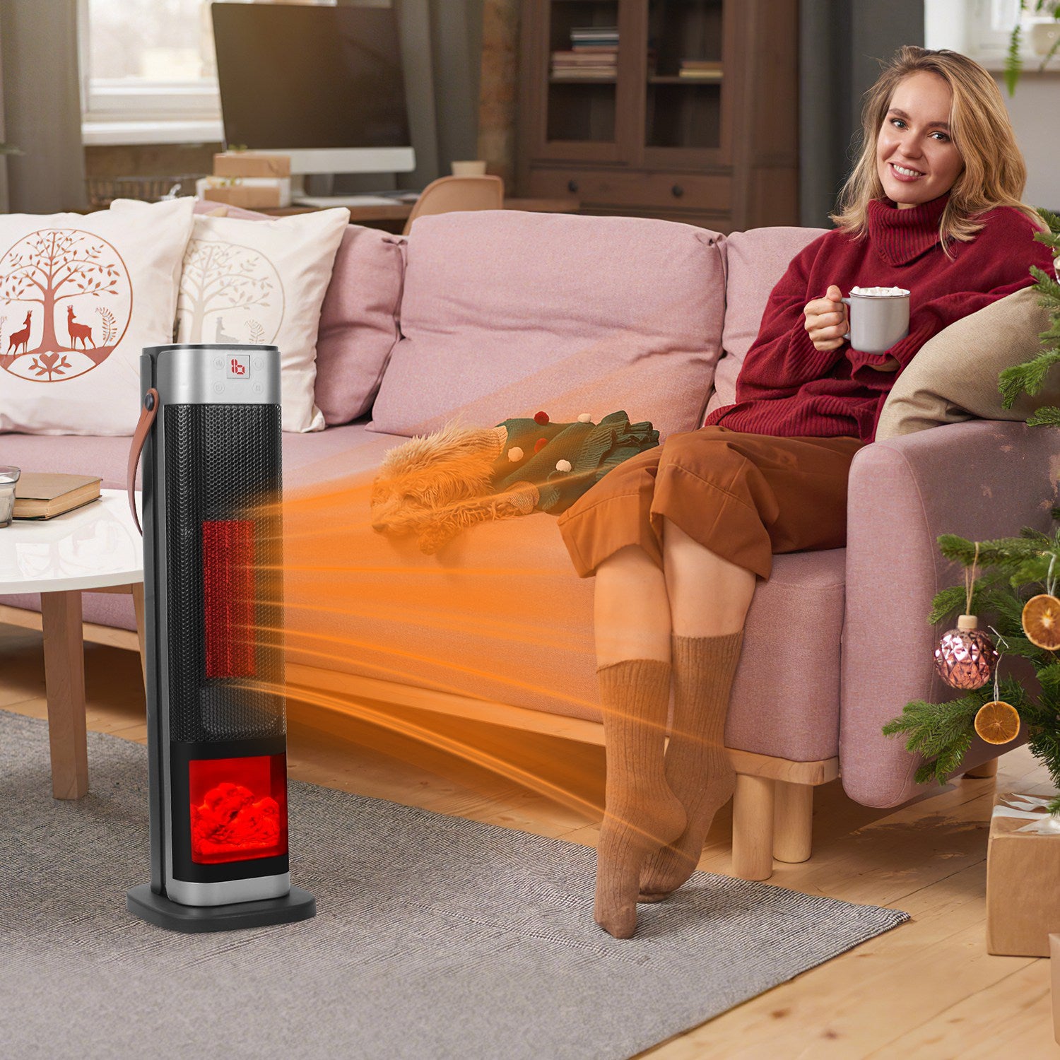 Portable Space Heaters for Indoor Use Large Room, 1500W Oscillating Ceramic Tower Space Heater with 3D Flame Portable Electric Heater with 3 Wind Modes 59-104℉Heating Remote Control 12H Timer Overheat Tip-Over Protection for Bedroom Office