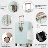 A mint green hard-shell suitcase with light wood-toned handles and accessories, shown on a white background with six circular callout images highlighting features such as a cup holder design, ergonomic telescoping handle, lightweight hooks, TSA combination lock, durable spinner wheels, and front pocket.