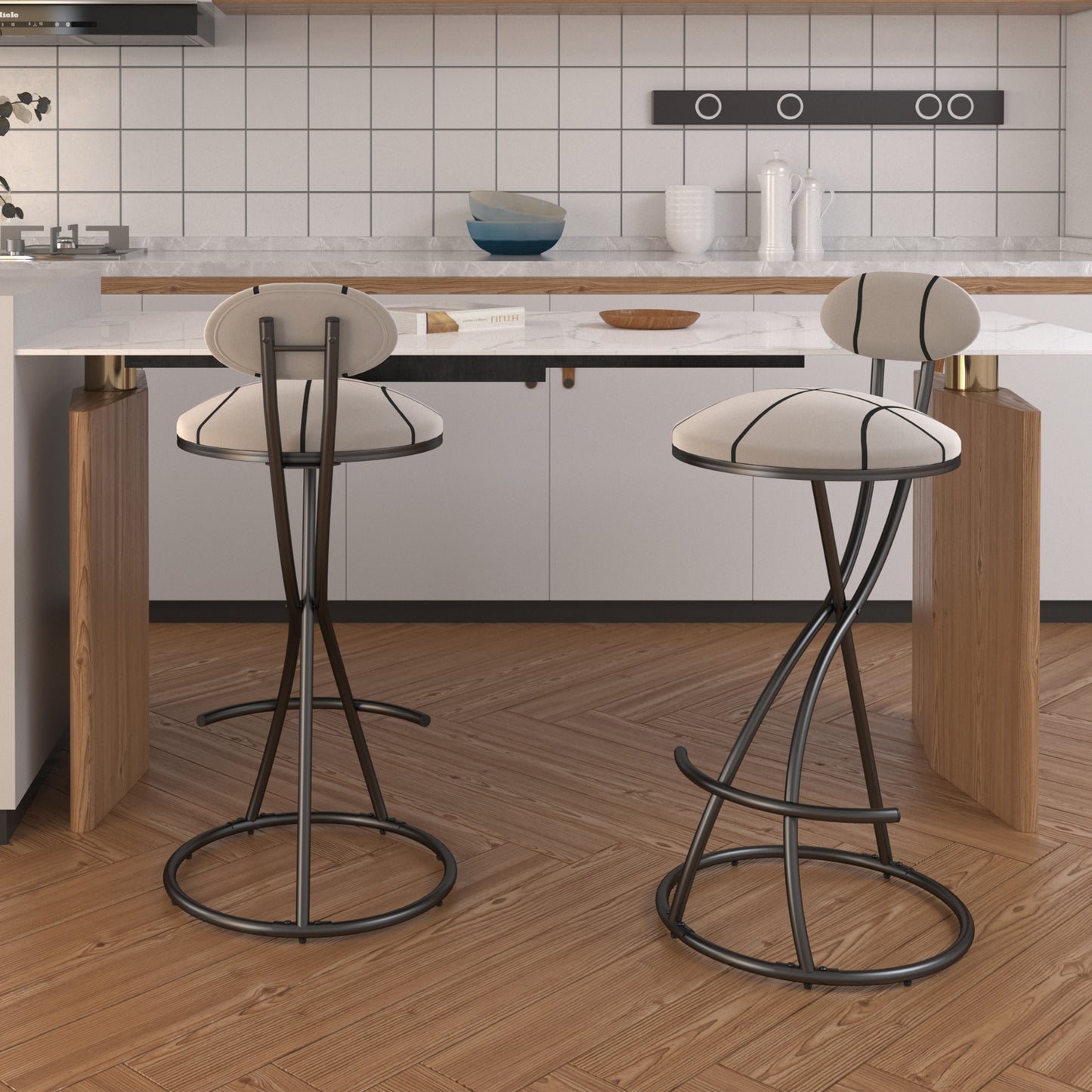 Upholstered Bar Stools Set of 2 Striped Counter Height Barstools Modern Velvet Dining Chairs for Kitchen Island, Living Room (Black & Stripe)