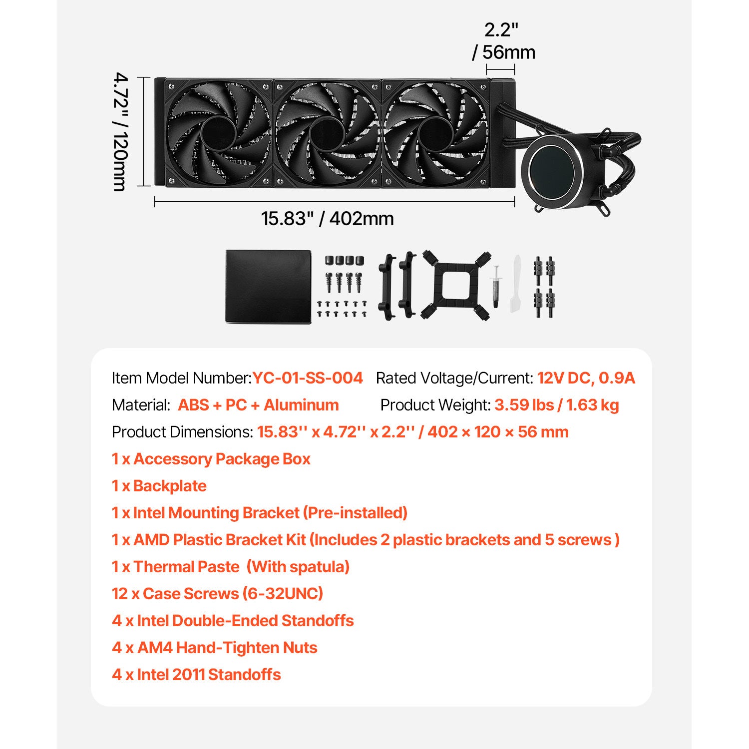 Technical specifications and features of a computer cooling system on a white background