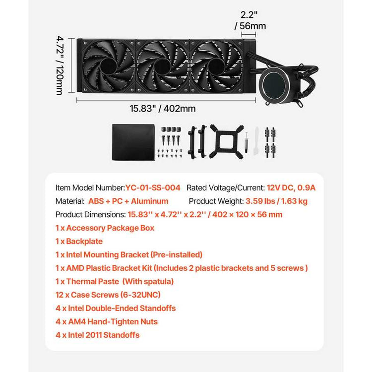 Technical specifications and features of a computer cooling system on a white background