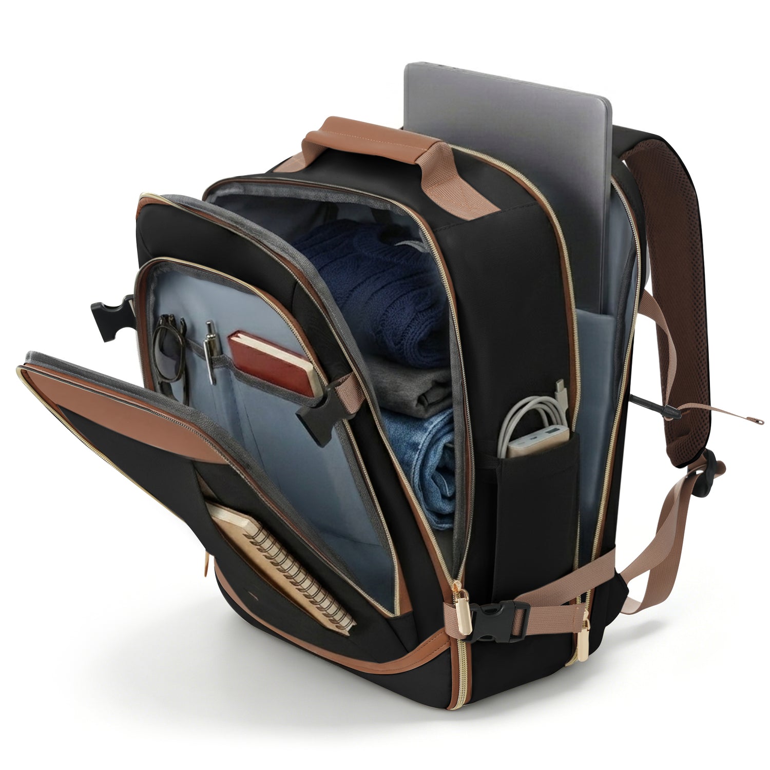 A black and brown backpack shown open, revealing its interior compartments, with a laptop, folded blue clothing, and other accessories inside, photographed on a clean white background.