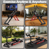 Multifunctional exercise machine shown in various settings including a living room, gym, garden, and home.
