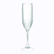 Single unbreakable plastic champagne flute with textured base, 6oz capacity, ideal for elegant and durable drinkware use.