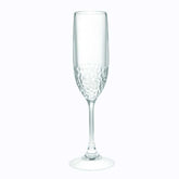 Single unbreakable plastic champagne flute with textured base, 6oz capacity, ideal for elegant and durable drinkware use.