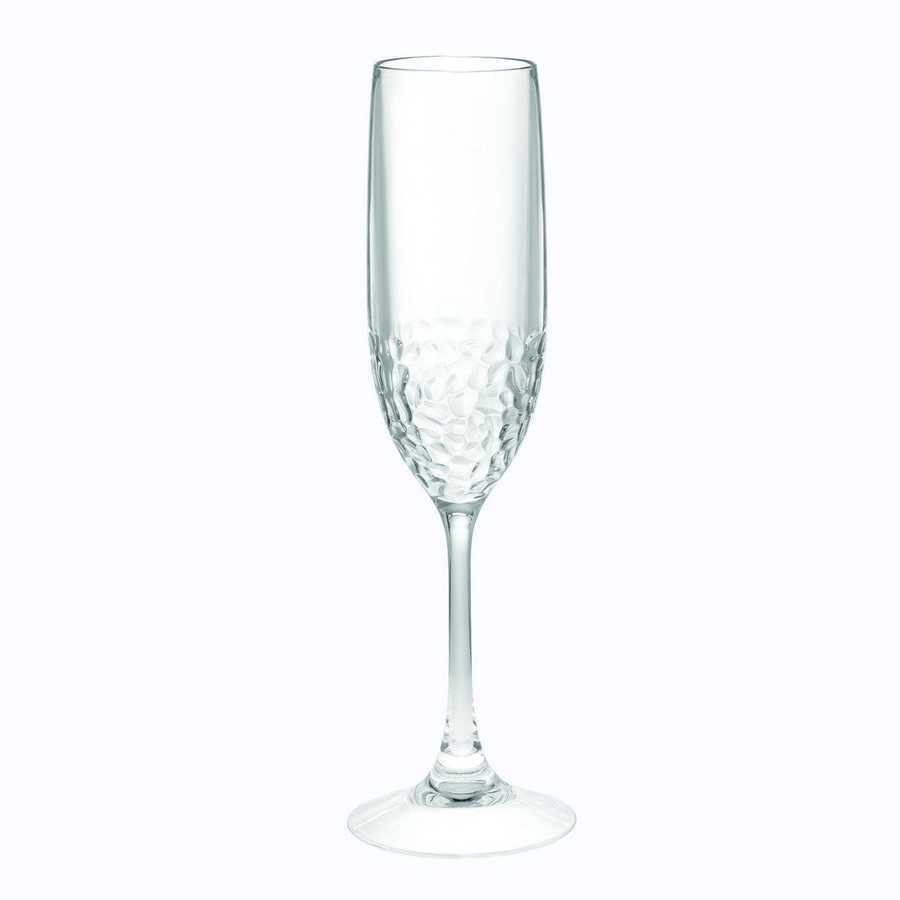 Single unbreakable plastic champagne flute with textured base, 6oz capacity, ideal for elegant and durable drinkware use.