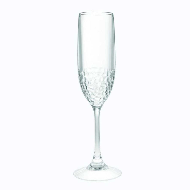 Single unbreakable plastic champagne flute with textured base, 6oz capacity, ideal for elegant and durable drinkware use.